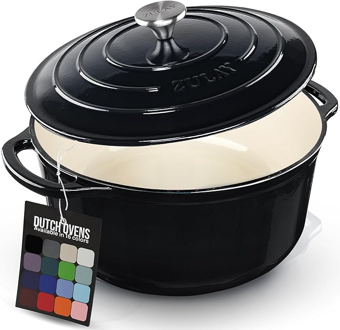 Zulay Kitchen 6 Quart Enameled Cast Iron Dutch Oven Pot with Lid – Premium Durability & Oven Safe up to 500°F – Heavy Duty Cookware Perfect for Bread Baking, Stews, Braising & Roasting – Black