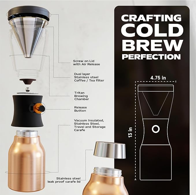 asobu Cold Brew Coffee Maker, Award-Winning 40oz Insulated Cold Brew Brewer with Portable Stainless Steel Carafe – No.1 Europe Coffee Fest Winner, Leakproof, BPA-Free, Keeps Cold 24H
