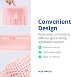 BLUE GINKGO Sink Colander Baskets - (Pack of 2) Wash Vegetables and Fruits, Drain Cooked Pasta and Dry Dishes - Extendable - New Home Kitchen Essentials (2 Pink)