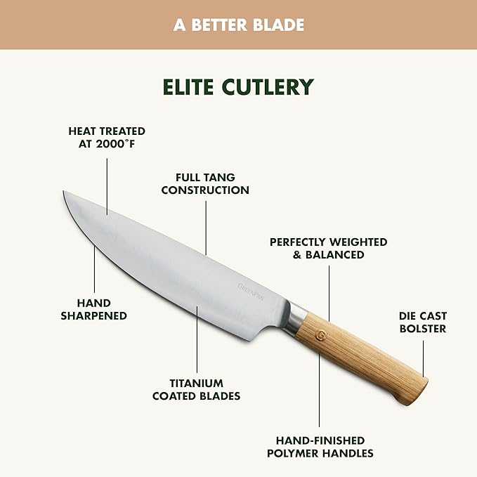 GreenPan Elite 13 Piece Wooden Knife Block Set, Professional Stainless Steel Blades with Titanium Coating, Ultra-Sharp Kitchen Cutlery, Chef, Santoku, Bread & Steak Knives, Ergonomic Wood Handles