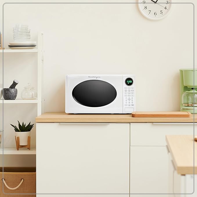 Nostalgia Modern Retro Countertop Microwave Oven - 700-Watt - 0.7 cu ft - Retro Microwave and Accessory Bundle with Popcorn Popper, Egg Poacher / Omelet Cooker, and Divided Plate with Cover - White