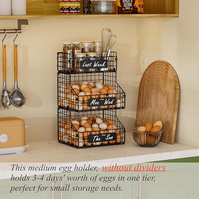 keomaisyto Egg Holder Countertop with Nameplate to Separate Eggs, 3 Tier Stackable Wire Storage Baskets for Gathering Fresh Eggs, Large Egg Rack for Countertop/Wall-Mounted, Medium (Patent Pending)