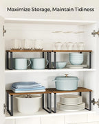 SONGMICS Cabinet Organizer Shelf, Set of 4 Kitchen Counter Shelves, Kitchen Storage, Spice Rack, Stackable, Expandable, Metal and Engineered Wood, Ink Black and Rustic Brown UKCS021X01