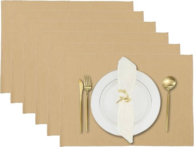 Croissant Brown Placemats Set of 6, Cotton Ribbed Tabletop, Non-Slip Wrinkle Free Kitchen Table Mats for Dining Table, 13x19 Inch
