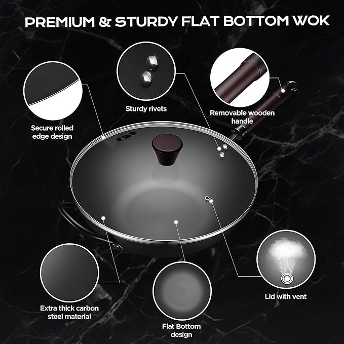 Wok, 13 Inch carbon steel woks & stir-fry pans nonstick, Pre-Seasoned 5.8QT Flat Bottom Chinese Wok Paella Pan with lid, Carbon Steel Cookware, Compatible with All Cooktops