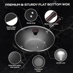 Wok, 13 Inch carbon steel woks & stir-fry pans nonstick, Pre-Seasoned 5.8QT Flat Bottom Chinese Wok Paella Pan with lid, Carbon Steel Cookware, Compatible with All Cooktops