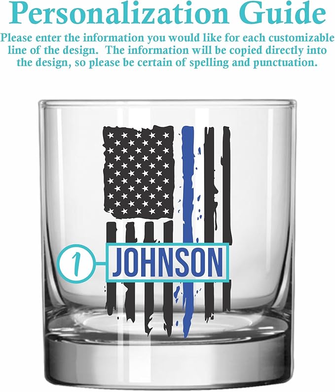 Blue Ridge Mountain Gifts - Thin Blue Line Whiskey Glass - Personalized Law Enforcement Glass, Police Officer Appreciation, Back the Blue, Police Academy Gift, First Responders Custom Glassware