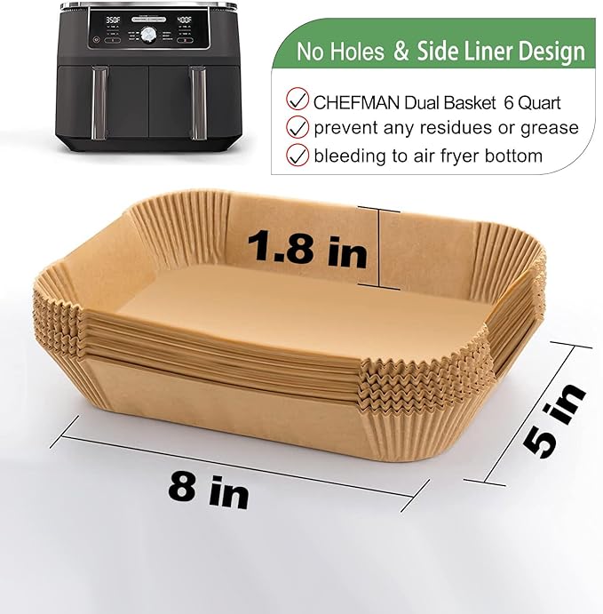 Rectangle Air Fryer Liners for 6 Quart Dual Basket, Ninja double Dual Liners Disposable, 200Pcs Rectangular Parchment Paper Liner for COSORI 9Qt Double Air Fryer with 2 Baskets