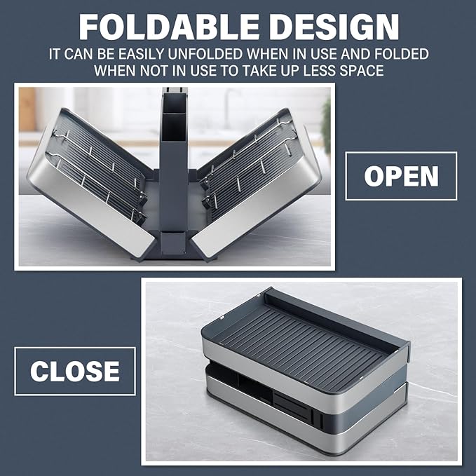Foldable Dish Drainer Rack with Removable Cutlery Holder Stainless-Steel Dish Drying Rack with Dual Parts, Space-Saving Dish Rack, Rustproof Utensil Drainer for Kitchen Counter, Gray/Steel