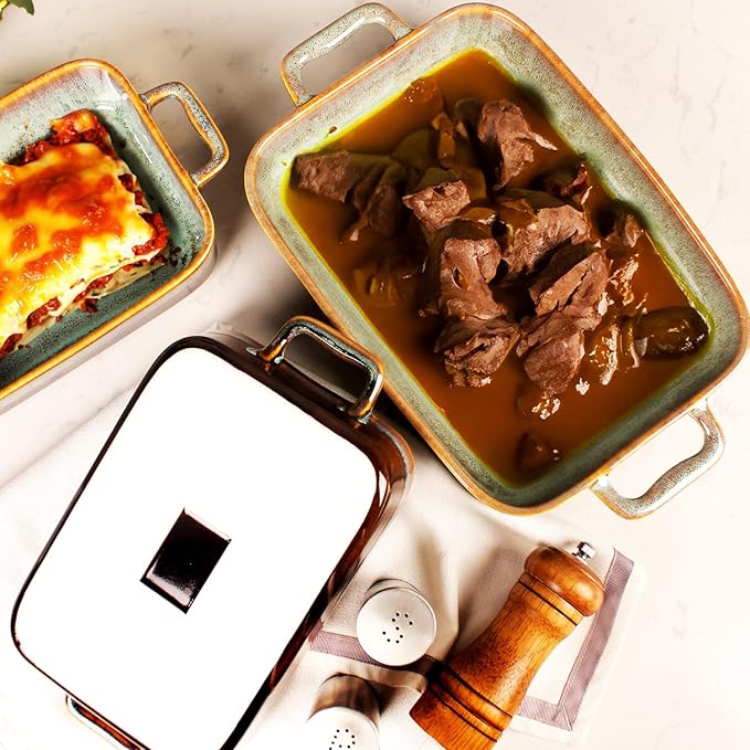 Rectangular 10 x 8 Casserole Dish, 1.9 Qt Ceramic Au gratin Baking Dish with Handles, or for mixing, salad, pasta plate, Best gift for those who love baking, Microwave, Oven safe