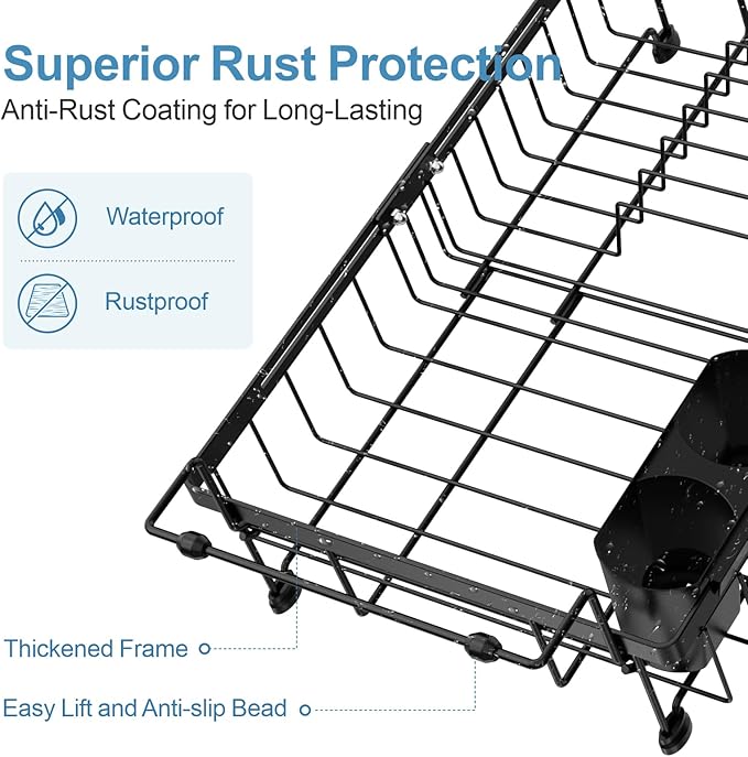 iSPECLE Expandable in Sink Dish Drying Rack with Mat - Adjustable Capacity Over The Sink Dish Drainer Drying Rack with Utensil Holder, 12.4"-17.1" L x 12" W, Black