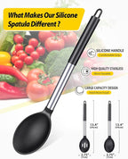 Pack of 2 Large Silicone Cooking Spoons,Non Stick Solid Basting Spoon,Heat-Resistant Kitchen Utensils for Mixing,Serving,Draining,Stirring (BLACK)