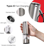 Electric Salt and Pepper Grinder Set – Automatic One-Handed Operation, Rechargeable Stainless Steel Mills, LED Light, 5-Level Adjustable Coarseness, Large 95ml Capacity and Clear Base