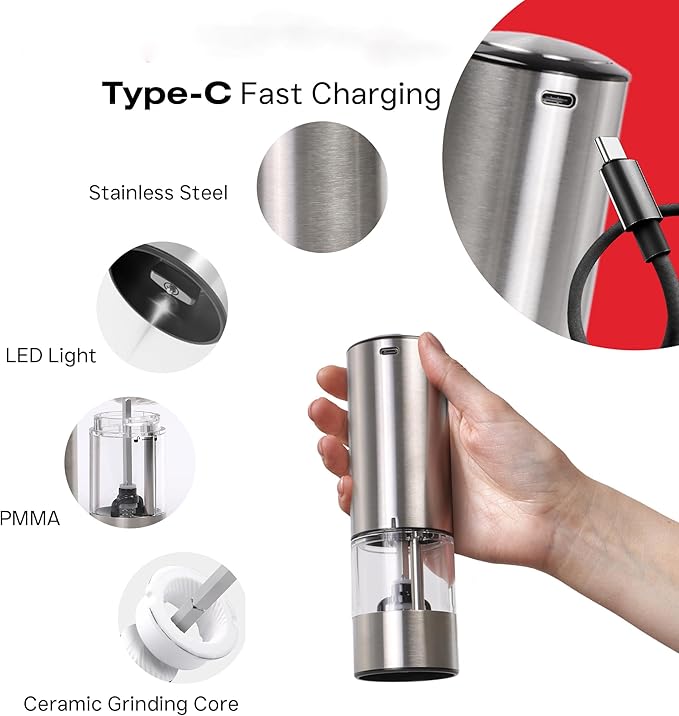 Electric Salt and Pepper Grinder Set – Automatic One-Handed Operation, Rechargeable Stainless Steel Mills, LED Light, 5-Level Adjustable Coarseness, Large 95ml Capacity and Clear Base