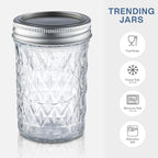 Canning Jars 16 oz Wide Mouth 6-Pack - Quilted Glass Jars with Lids & Bands, Airtight Containers for Pickling, Candles, Overnight Oats, Home Decor, Fruit Preserves