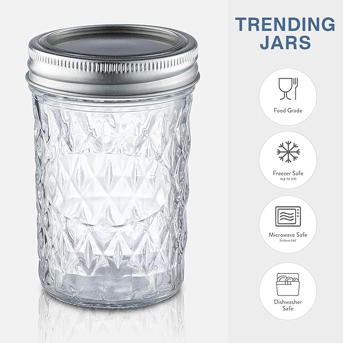Canning Jars 16 oz Wide Mouth 6-Pack - Quilted Glass Jars with Lids & Bands, Airtight Containers for Pickling, Candles, Overnight Oats, Home Decor, Fruit Preserves