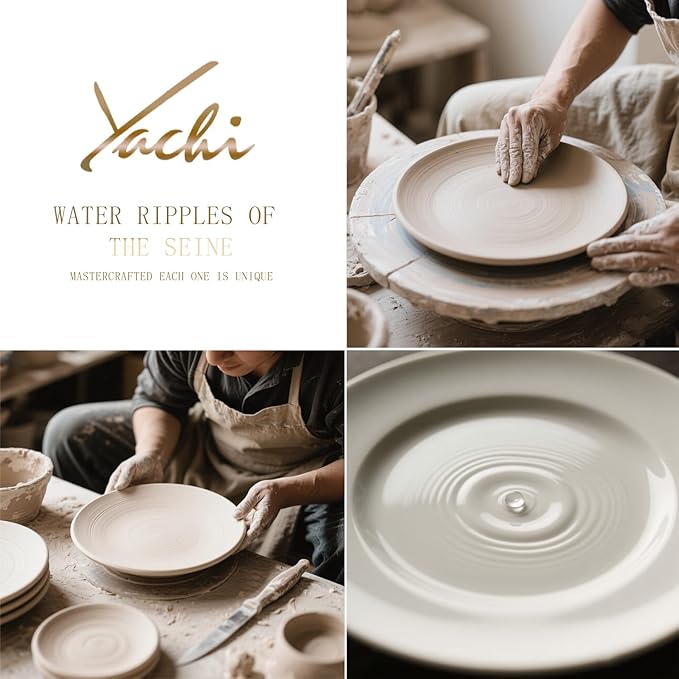 Yachi Ceramic 10 1/4 Inch White Dinner Plates Set of 4 Microwave Oven Dishwasher Safe Dish Porcelain Serving Plates for Kitchen Restaurant Stoneware Dishes for Party Beef Steak, Pasta Plate 10.25 in