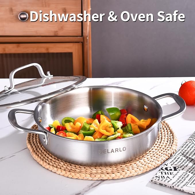 DELARLO Tri-Ply Stainless Steel 3QT Saute Pan With Lid, 12 Inch Deep Frying Pan, Induction Large Skillet, Cooker Pan, Dishwasher & Oven Safe