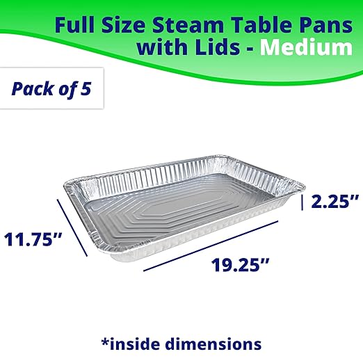 IDL Packaging Full Size Aluminum Steam Table Pans with Lids - Medium, 21" x 13" x 2.25" (pack of 5) - Disposable Foil Pan for Grilling, Roasting, BBQ, Cooking, Baking, Freezing
