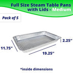 IDL Packaging Full Size Aluminum Steam Table Pans with Lids - Medium, 21" x 13" x 2.25" (pack of 5) - Disposable Foil Pan for Grilling, Roasting, BBQ, Cooking, Baking, Freezing