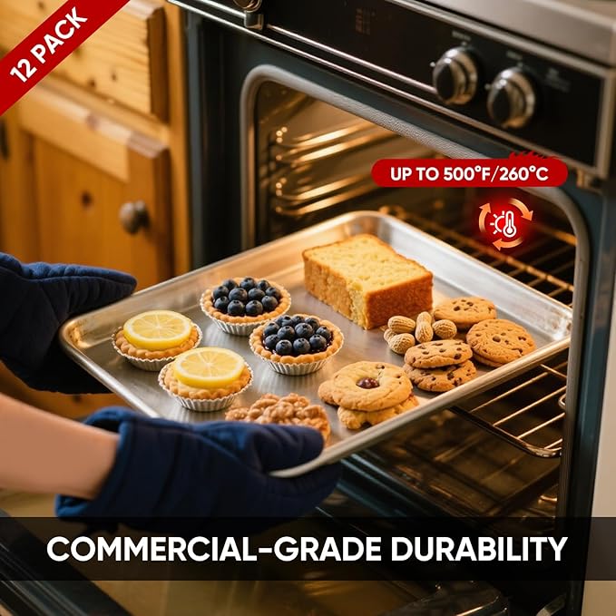 TENUP 12 Pack Aluminum Full Sheet Pan, 26" x 18" Heavy Duty Commercial Baking Tray Reinforced Rim, Warp-Resistant Rust-Free