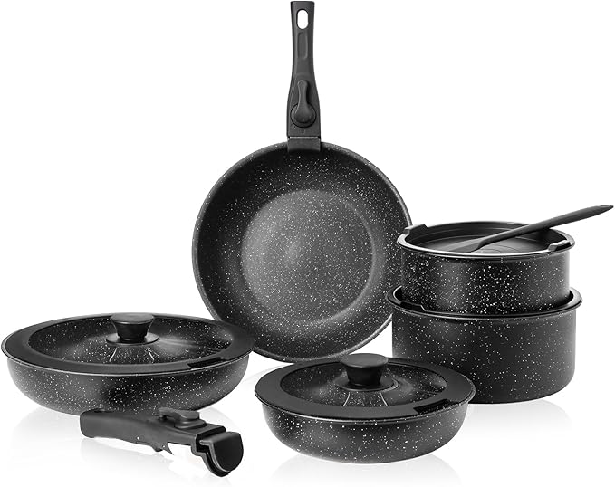 NEWBULIG Nonstick Kitchen Cookware Set, Pots and Pans with Detachable Handle, Induction Compatible, Dishwasher & Oven Safe, Space-Saving, Black, 12 Pieces(5 Pot)