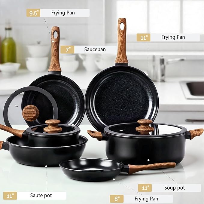 ROVSUN 20 Pcs Nonstick Pots and Pans Set, Cast Aluminum Kitchen Cookware Set, RV Kitchen Cooking Set and Utensils, PFAS PFOA & PFOS Free, Black, Skillet, Saute Pan, Soup Pot