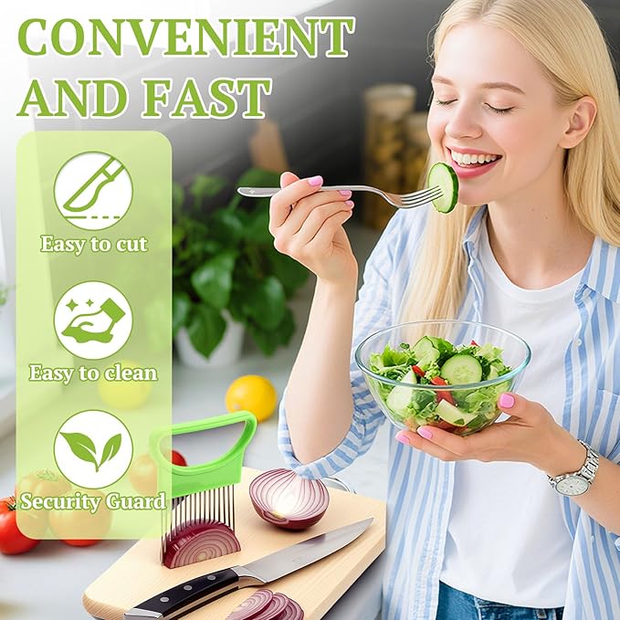 FANTEXY 3Pieces Onion Holder for Slicing, Stainless Steel Onion Cutter for Slicing, Potato Lemon Slicer Tomato Slicers Kitchen Comb for Vegetables, Fruit and Meat