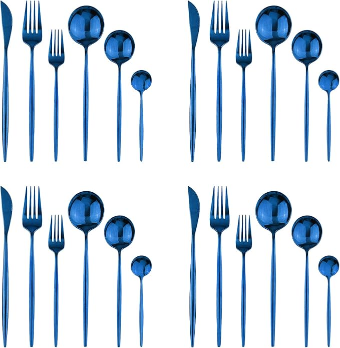 24Pcs Blue Mirror Silverware Flatware Set, 18/0 Stainless Steel Cutlery Set Utensils Kitchen Dinnerware Include Knife Fork Spoon and Teaspoon, Service for 4