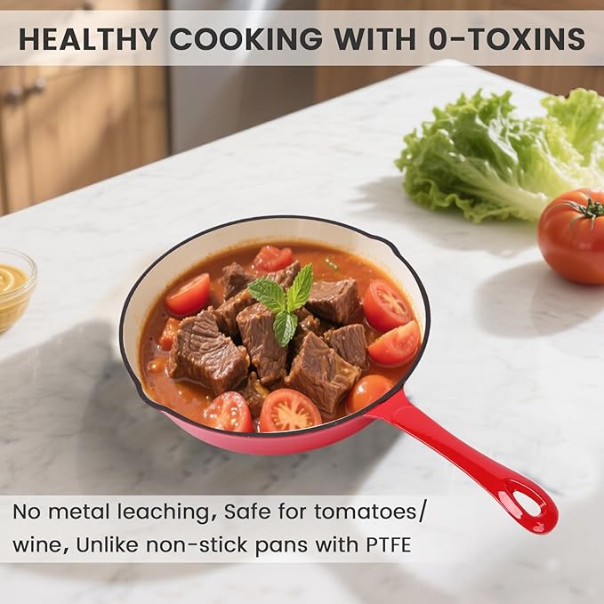 Hisencn Enameled Cast Iron Frying Pan Set, 3 Piece Set of 8''/9.5''/11'' Skillets, PFAS & PTFE & PFOA Free, Gas/Induction/Electric/Oven Compatible, Rouge Red