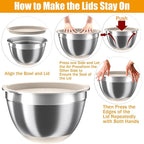 Mixing Bowls with Airtight Lids Set, 4 Stainless Steel Bowls Nesting Bowls & Colander, Kitchen Organizers and Storage Non-Slip Bottom, Size 1.5/2.0/2.5/4.5QT, Great for Mixing & Serving, Khaki
