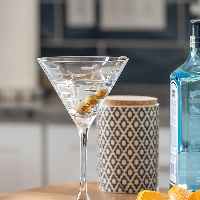 Rolf Glass School of Fish Martini Glass - Set of 4 Stemmed 10 oz. Martini Glasses - Lead-Free Glass - Diamond-Wheel Engraved Cocktail Glasses - Made in the USA