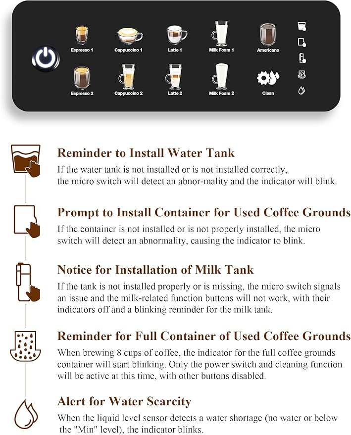 Automatic Espresso Machine Coffee Maker 12 Cup with Grinder Cappuccino Latte Americano Machine with Milk Frother for Home/Office (Gray)