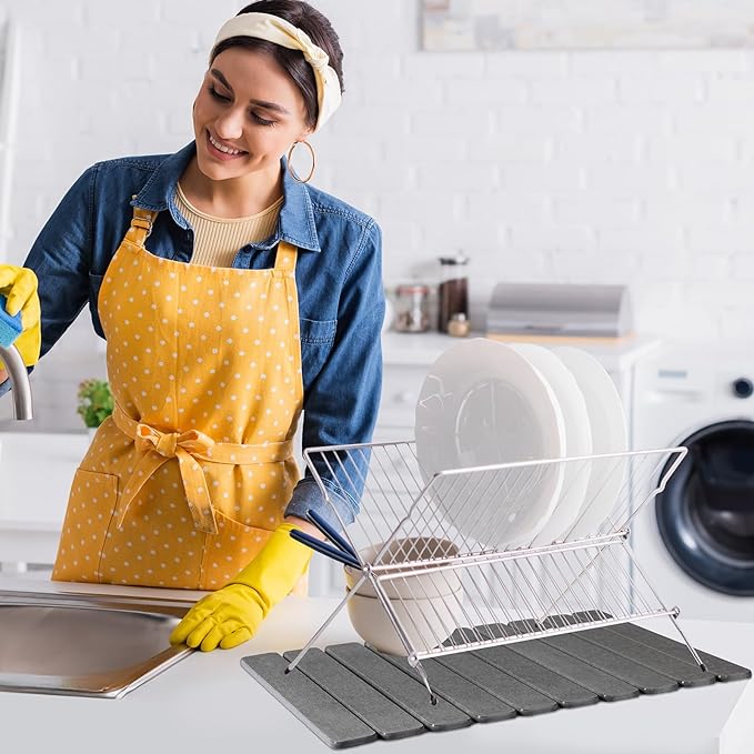 Nuanchu 2pack Large Stone Dish Drying Mat for Kitchen Counter, 23.6"(L)x15.4"(W), Collapsible Diatomaceous Earth Water Absorbing Mat for Dishes Bottles Cups, Match Any Countertop(Dark Grey)