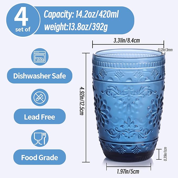 14OZ Drinking Highball Beverage Glass Cup, Blue Drinking Glasses, Colored Glassware Set for Party Wedding, Home, Office, Water, Juice, Cocktail, Highball Glasses Set of 4