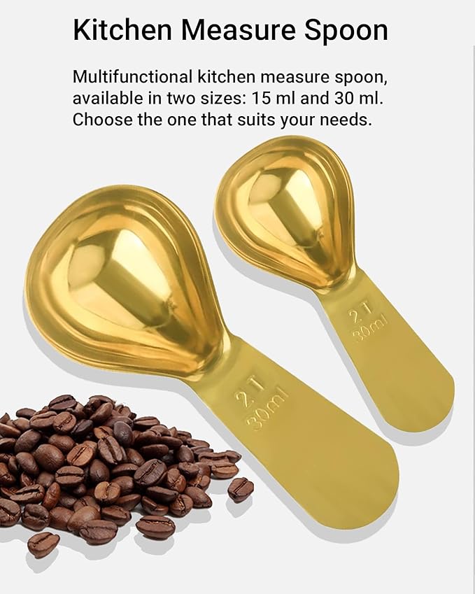 Coffee Scoop 30ml 2PCS, 2 Tablespoon Measuring Spoons, Ergonomics Design Coffee Scooper Stainless Steel Manufacture，Coffee Scoop for Ground Coffee Protein Powder Sugar Cereal (Gold, 2 tbsp-30ml)