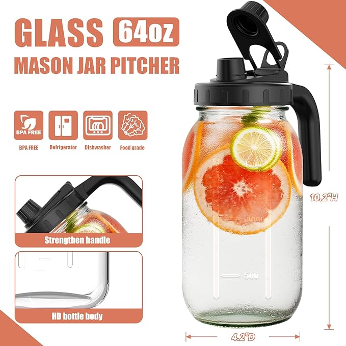 2 Pack 64oz Glass Mason Jar Pitchers with Wide Mouth & Measurement Marks – Leak-Proof Twist Lids for Cold Brew, Iced Tea, Juice, Lemonade