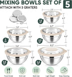 Herogo 5-Piece Mixing Bowls with Airtight Clear Lids, 3 Grater Attachments, Stainless Steel Salad Bowls for Kitchen, Size 4.6, 3.5, 2.5, 2, 1.5QT Ideal for Baking, Prepping and Serving, Khaki