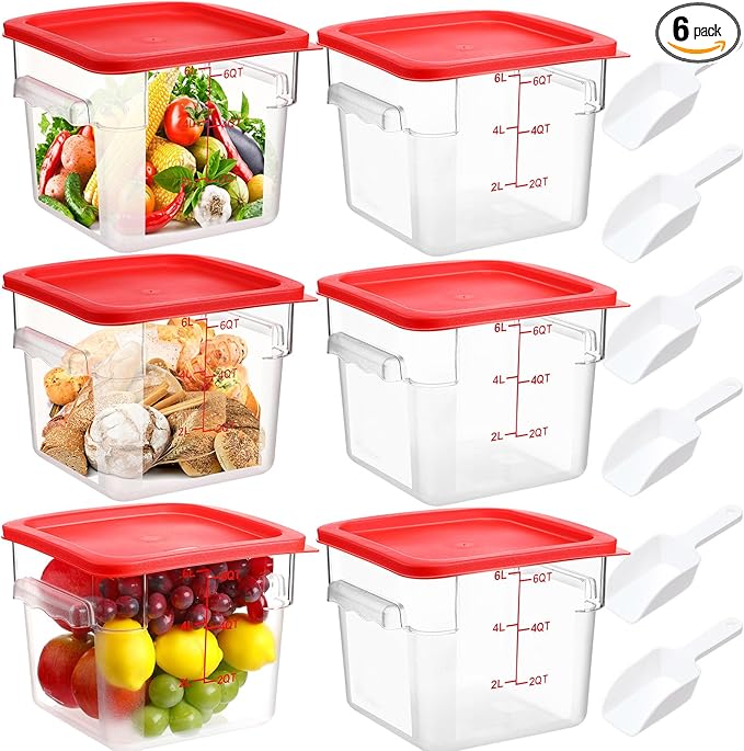 Hsei 6 Sets 6 Quart Commercial Food Storage Containers with Lids and 6 Pcs Plastic Ice Scoop for Freezer Flour Sugar Baking Bread Dog Food Restaurant Kitchen Square(Red)