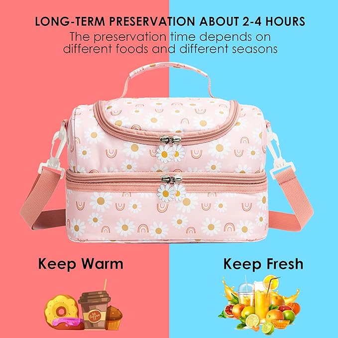 Insulated Kids Dual Compartment Lunch Bags Tote for Girls Boys Toddler Lunch Boxes Pre-School Toddler Kindergarten Elementary Picnic Food Cooler Thermal with Strap (Rainbow Daisies)
