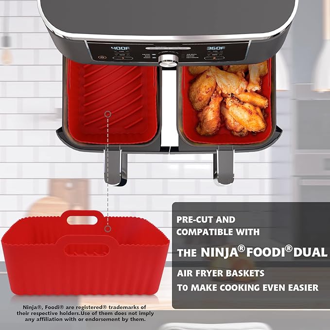 WMKGG Silicone Air Fryer Liners, 2PCS Reusable Rectangular Air Fryer Silicone Liners, Non-Stick Basket Accessories for Ninja Foodi Dual DZ201/DZ401 8-10QT