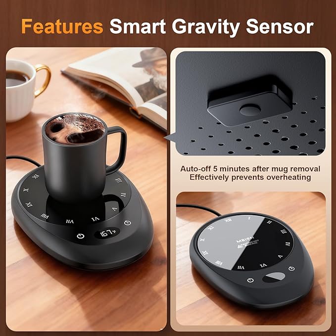 MEION Coffee Mug Warmer for Desk, Coffee Cup Warmer, 4 Temp Settings & 1-12H Timer, Coffee Warmer with Auto Shut Off Smart Gravity Sensor, Beverage & Candle Warmer Coffee Gifts Accessories(Black)