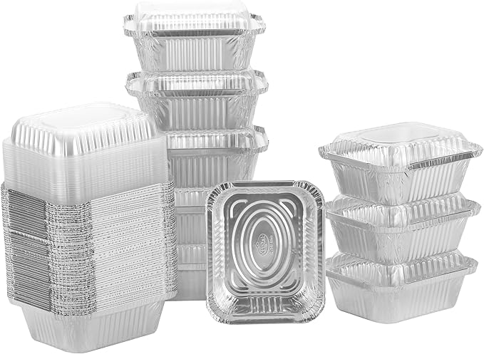 Aluminum Pans With Plastic Dome Lids - 50 Count - 1LB Oblong Pans (5"x4")- To Go Containers With Lids - Disposable Tin Foil Pans - Perfect For Catering, Meal Prep, Baking, Freezer Safe