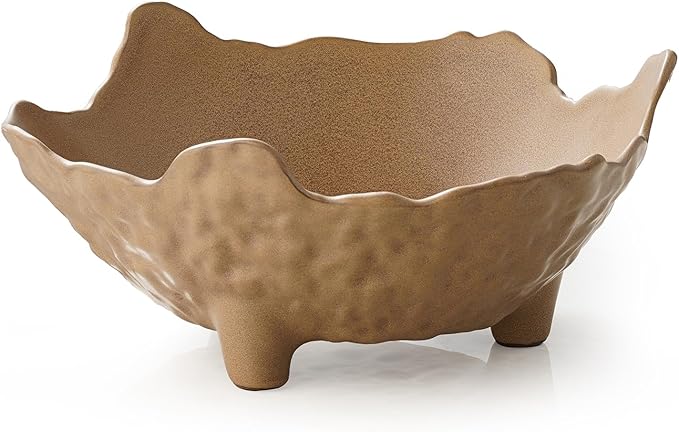Fruit Bowl for Kitchen Counter, Porcelain Decorative Bowl for Home Décor Modern Pedestal Bowl with 3-Legs Large Centerpiece Bowl for Breads, Nuts, Brown