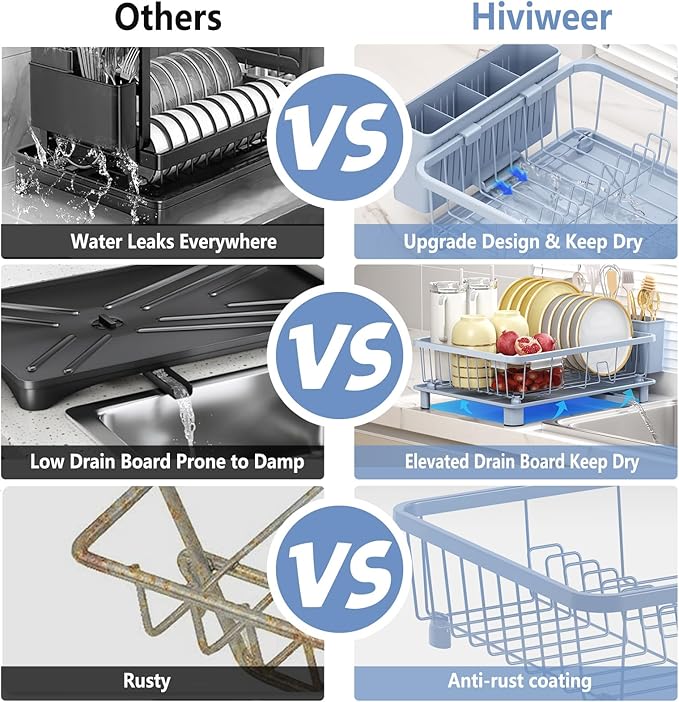 Blue Dish Drying Rack, Dish Rack,Space-Saving Dish Racks for Kitchen Counter with Utensil Holder,Gifts for Women Mothers Day, Kitchen Gadgets & Decor