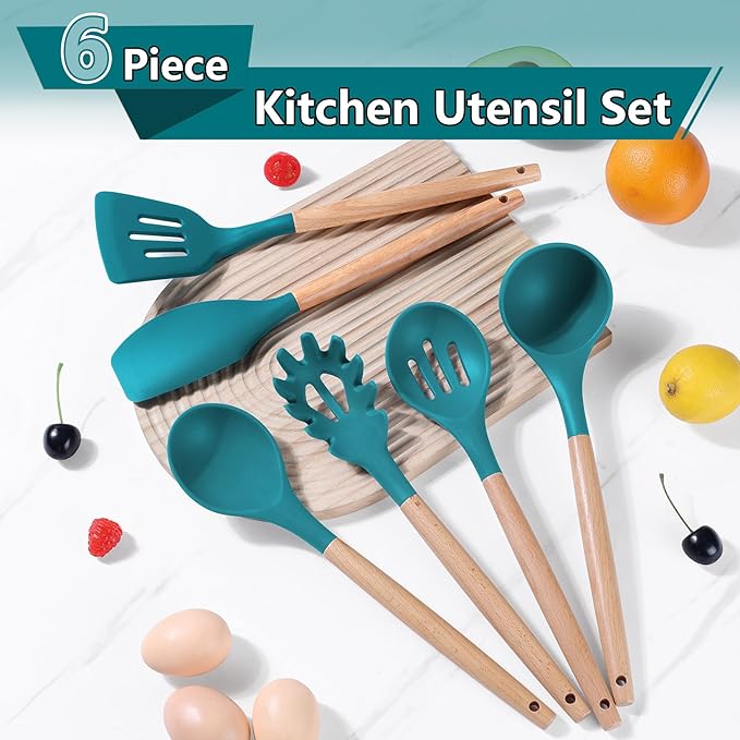 P&P CHEF Cooking Utensils Set, 6 PCS Kitchen Utensils with Wooden Handle, Silicone Spatula for Nonstick Cookware, Easy Clean & Non-toxic, Blue