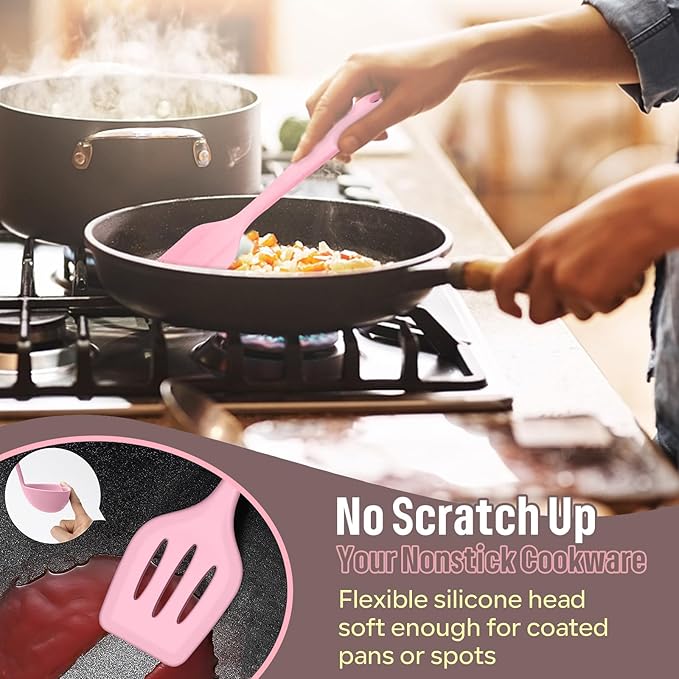 E-far Silicone Cooking Utensils Set, 7-Piece Pink Heat Resistant Kitchen Utensils Set, Kitchen Nonstick Tools Spatula Ladle Spoon Pasta Server for Non-stick Cookware, Non-Toxic & Dishwasher safe