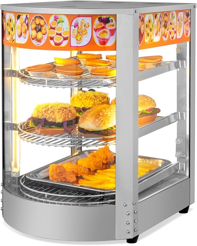ROVSUN 3-Tier Food Warmer Pizza Warmer Countertop, Commerical Food Warmer Display with LED Lighting Removable Shelves Glass Door, Pretzel Warmer for Buffet Restaurant Cafe, 110V 800W