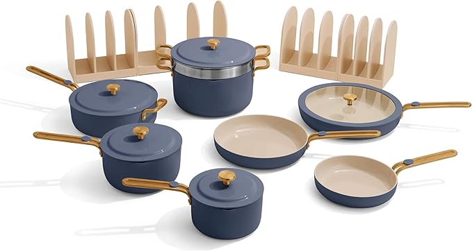 Our Place 17-Piece Essentials Complete Cookware Set - Ceramic Fry Pans, Saucepans, Sauté Pan, Stock Pot, Strainer Basket & Modular Storage | Thermakind™ Nonstick, Oven Safe up to 450°F | Blue Salt