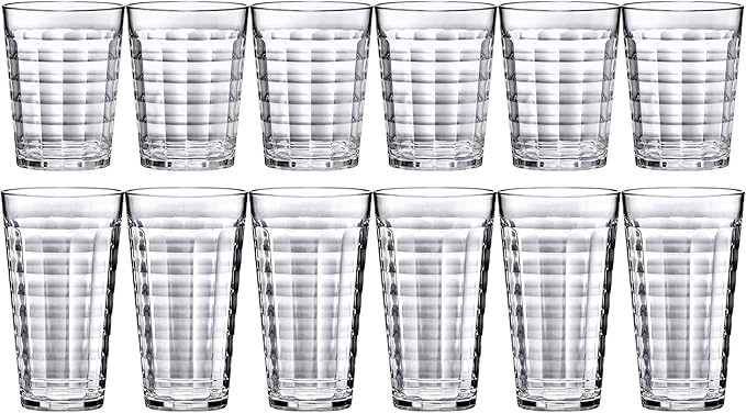 Amazing Abby - Ice Cube - 16-Ounce and 20-Ounce Plastic Tumblers (Set of 12), Plastic Drinking Glasses, All-Clear Reusable Cups, Stackable, BPA-Free, Shatter-Proof, Dishwasher-Safe